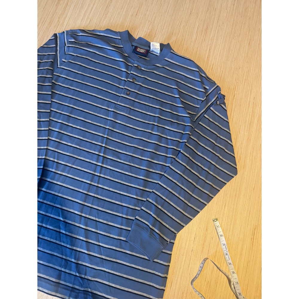 Faded Glory Mens Large Blue Striped Long Sleeve Henley Shirt Cotton Casual 44